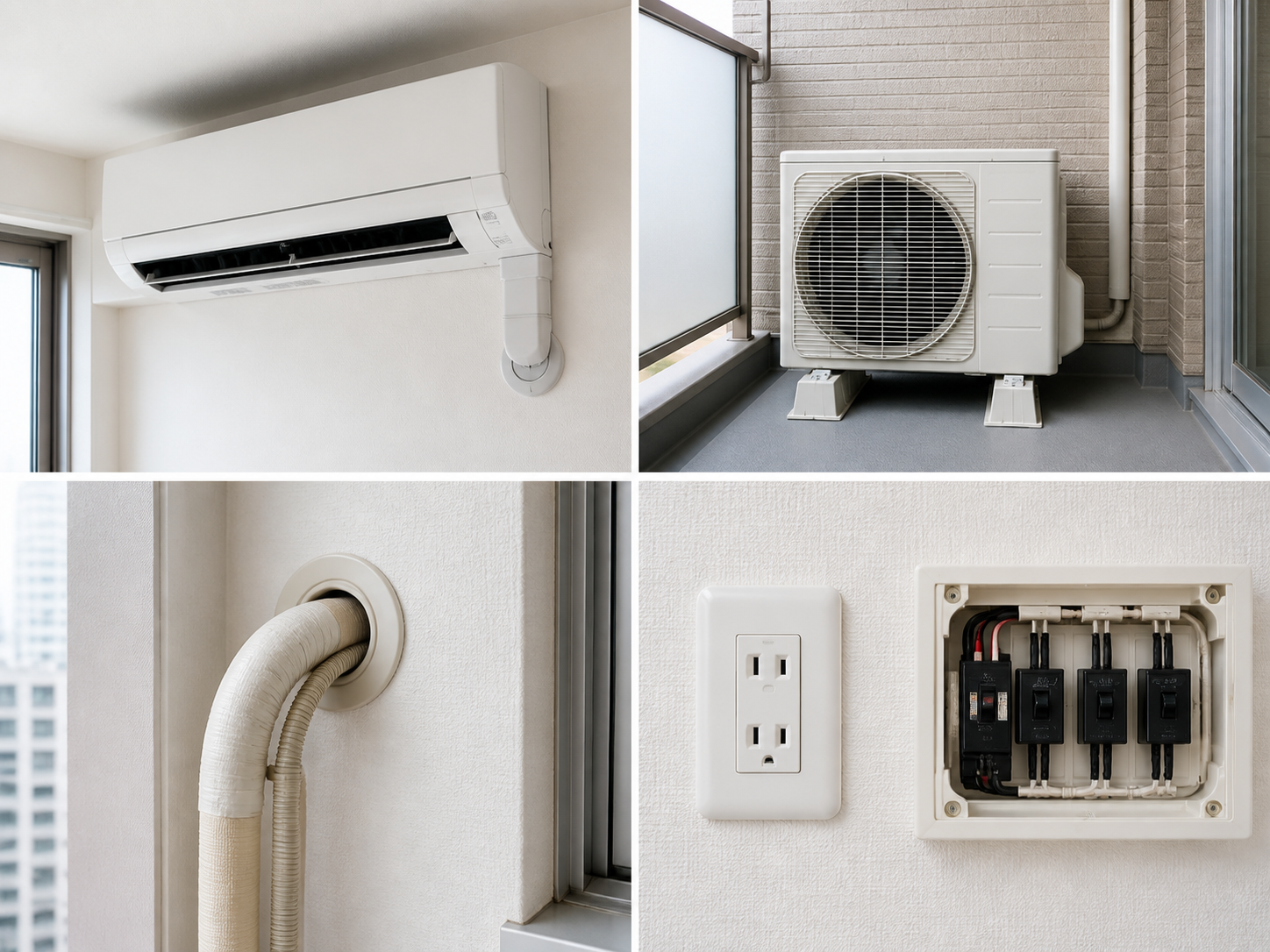室内機、室外機、配管経路、コンセントと分電盤の写真例