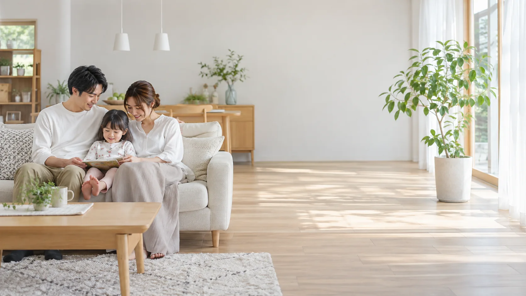 エアコンのある部屋でくつろぐ家族のイメージ